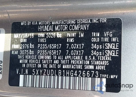 2017 Hyundai Santa Fe Sport z USA, uszkodzony, nr VIN 5XYZUDLB1HG426673